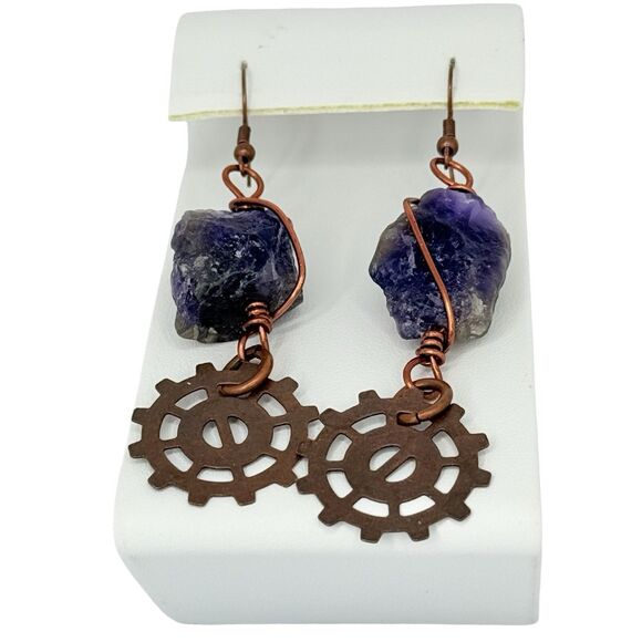 Amethyst Copper Wrapped Dangle Earrings Gear Charm 3" Artesian Steampunk - Picture 4 of 11